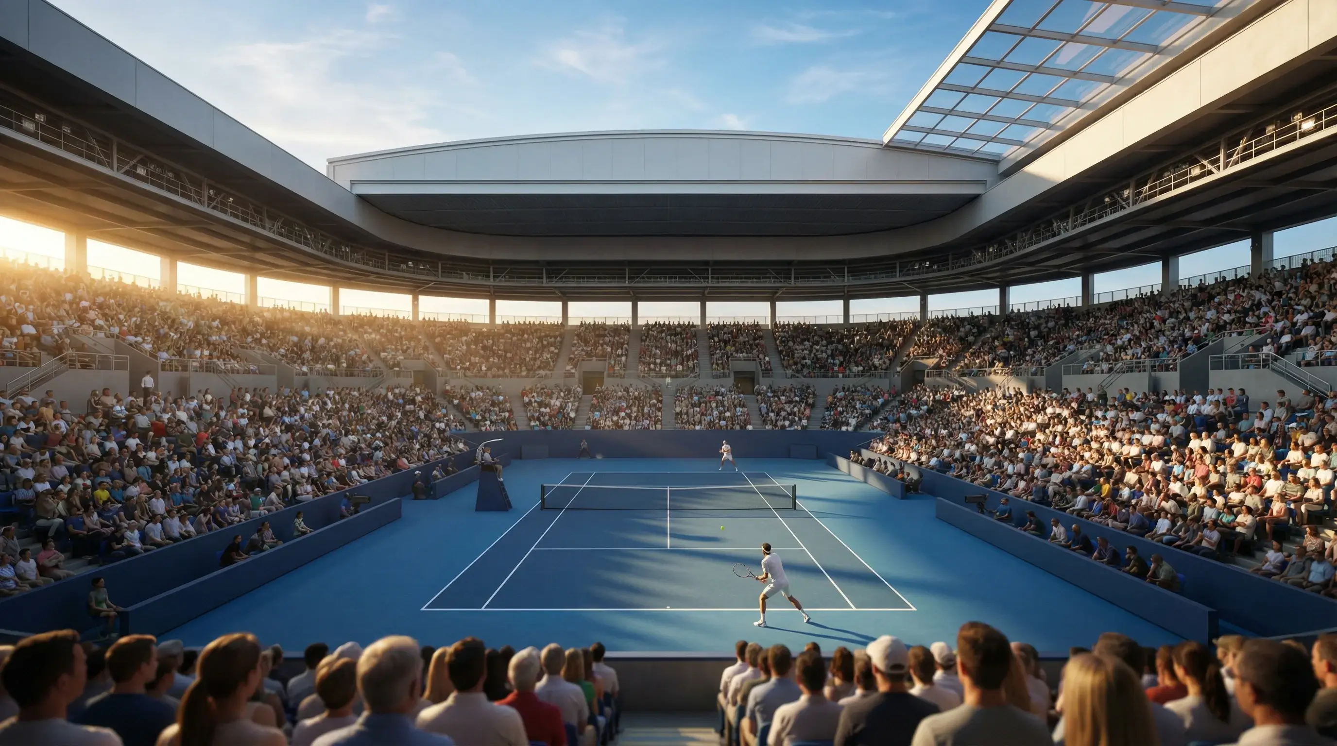 Match di tennis in corso visto dalle tribune dello stadio