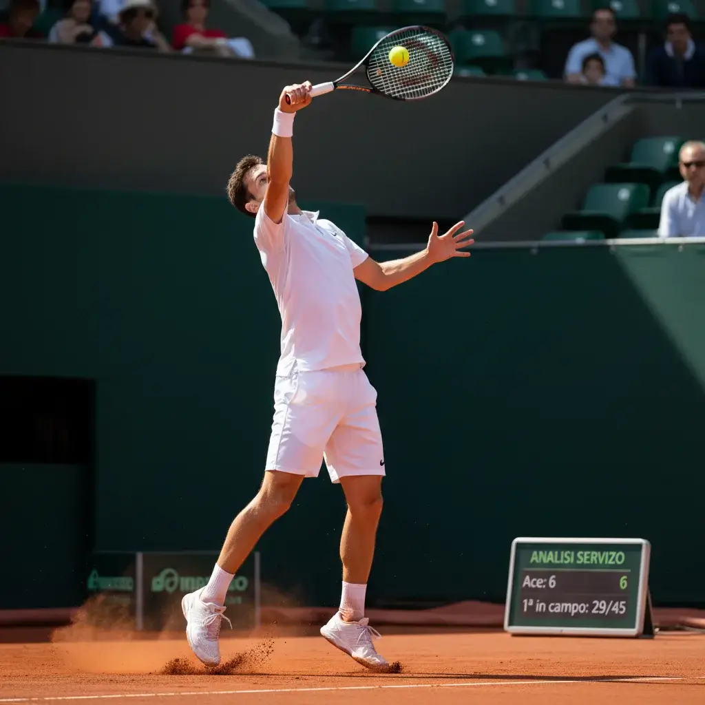 Tennista durante il servizio su campo in terra rossa